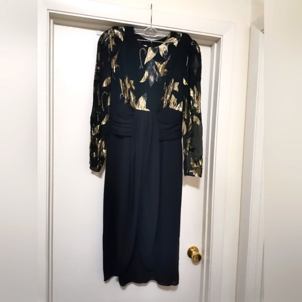 Vtg. Patra Floral Metallic Ruched Dress 5/6 Black Gold Metallic